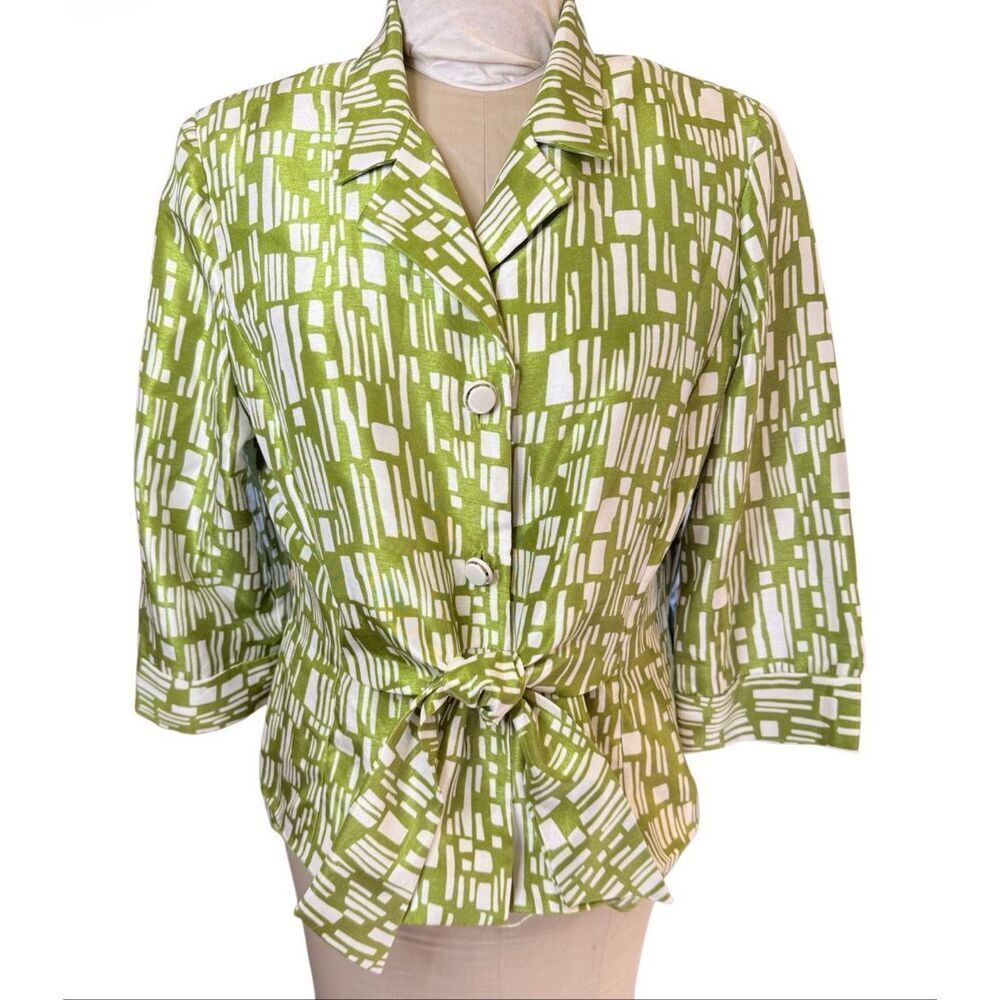 Perceptions Green & White Tie Front Blouse/Jacket GeometricPattern Sz 16 3/4 Sle